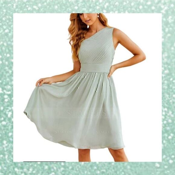 Cocktail Dress One Shoulder Light Green Chiffon Knee Length Special Occasion - Picture 1 of 11